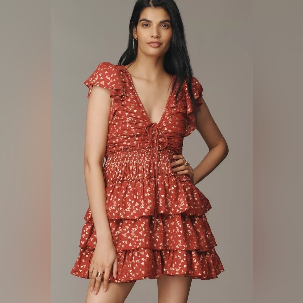 NWT By Anthropologie Short-Sleeve Ruffled Mini Dress Size Medium Bohemian